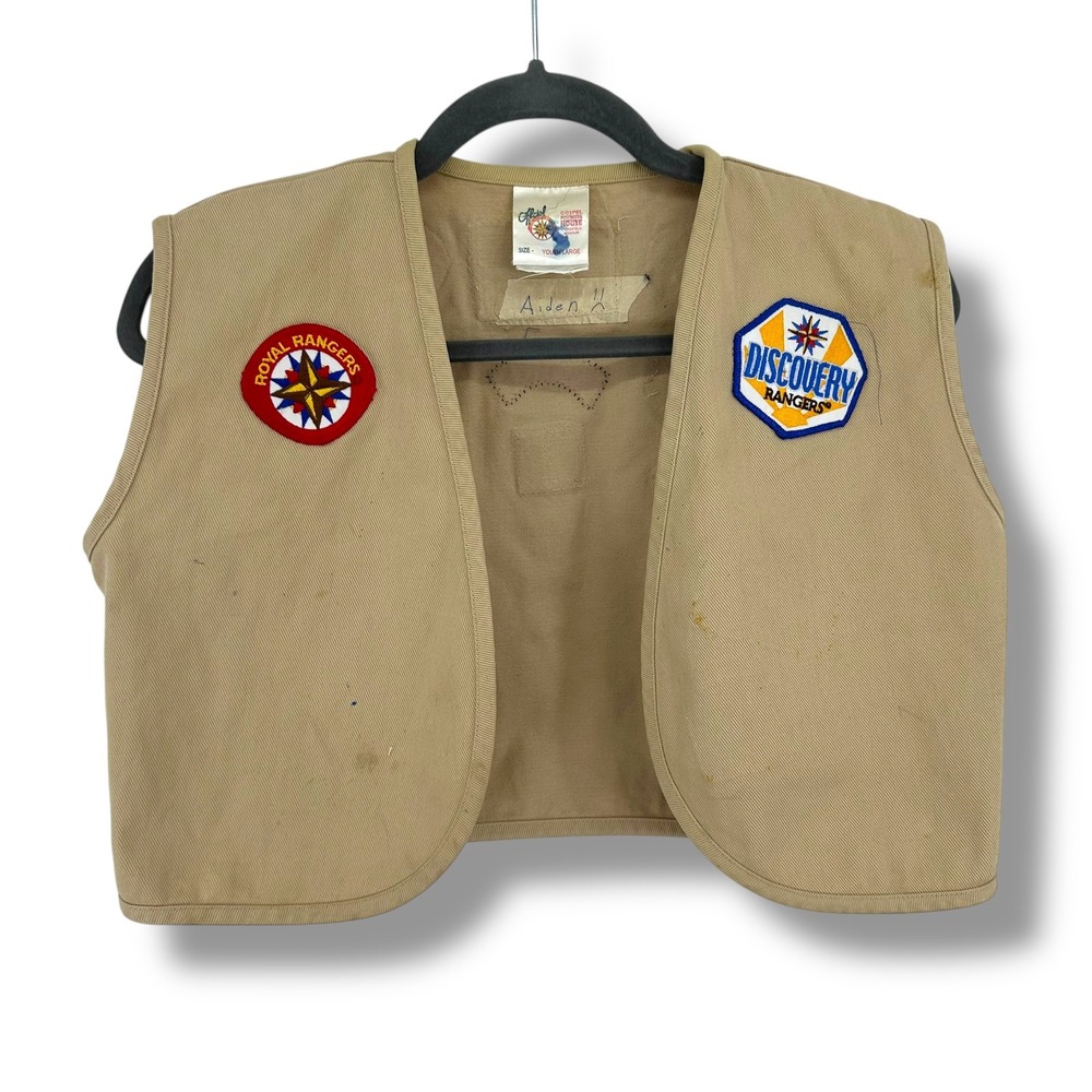 VTG Kids Royal Rangers Discovery Vest Youth Large Tan USA Flag Montana Patches
